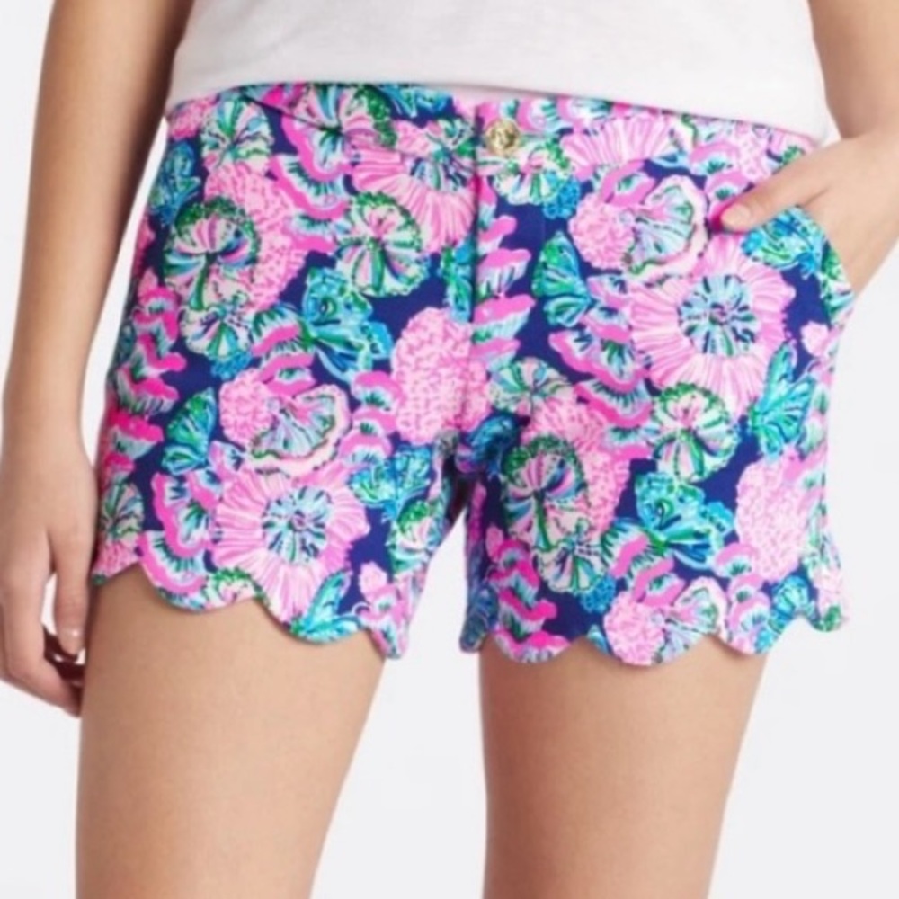 Lilly Pulitzer Shorts Womens 12 Pink Navy Buttercup Oyster Bay Scalloped Hem